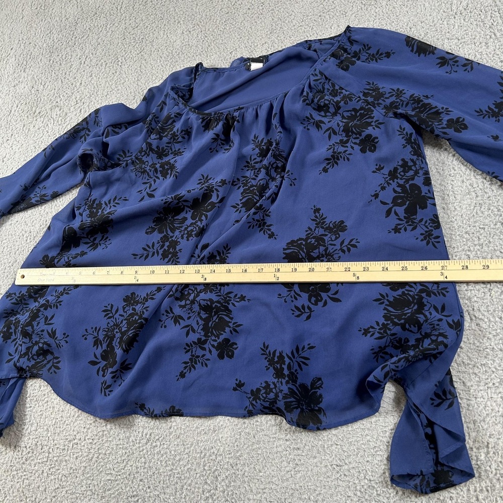 Torrid Shirt Womens 2 Blue Black Floral Sheer Long Sleeve Split Back Blouse - Picture 12 of 16